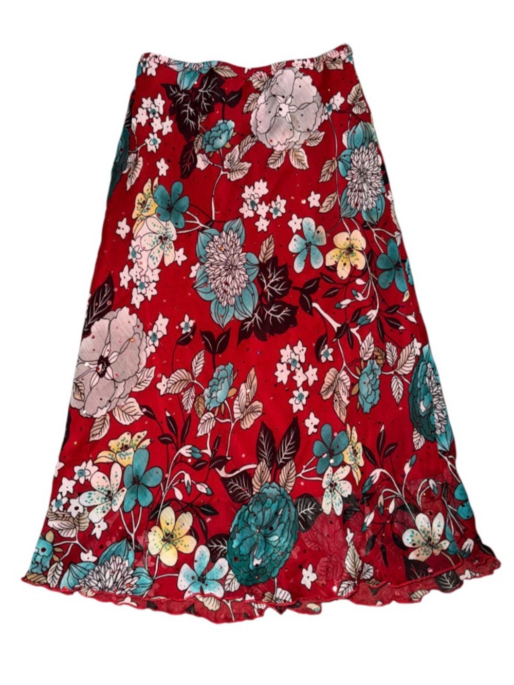 Vintage Y2K Fairycore Red Floral A-Line Midi Skirt with Sparkles